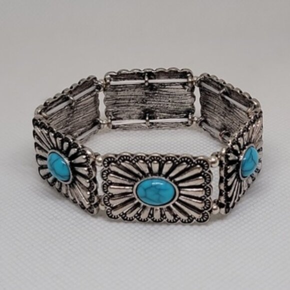 Western Conch Bracelet Faux Turquoise Silver Tone Elastic Stretch OS - Picture 3 of 9